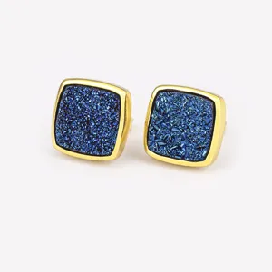 Vintage square blue druzy stud earrings for women, trendy gold-rimmed mineral jewelry.