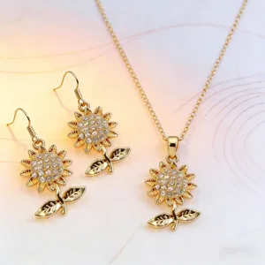 Exquisite Alloy Sunflower Jewelry Necklace And Flower Drop Earrings Dainty Sweet Floral Rhinestone Accessories For Women Daily Party