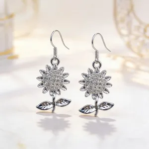 Exquisite silver sunflower rhinestone dangle earrings for women sparkling flower jewelry gift