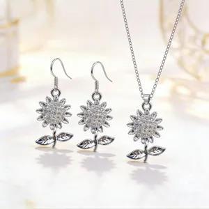 Chic sunflower rhinestone earrings and necklace jewelry set, elegant floral design for women