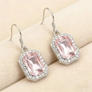 Eleganti orecchini pendenti in cristallo rosa rettangolare con strass splendenti per donna.