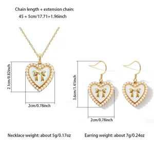 Heart pearl bow necklace and earrings size specification detail image with clear dimensions.