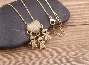 Gold plated heart pendant necklace with three little boys charms for kids family jewelry gift