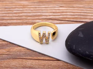 Gold Plated Zircon Letter W Open Ring Detail View Fashionable Finger Jewelry