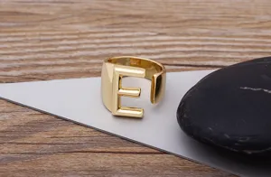 Gold plated chunky letter E open ring for women and men, stylish adjustable alphabet jewelry.