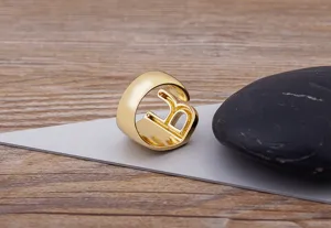 Gold plated brass letter B open ring, stylish initial statement jewelry for daily wear.