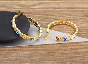 Gold plated copper heart evil eye hoop earrings fashion elegant jewelry accessories.