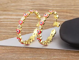 Gold Plated Copper Heart Evil Eye Hoop Earrings Cubic Zirconia Minimalist Jewelry