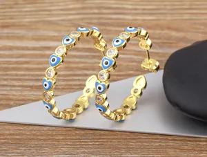 18k gold plated evil eye heart hoop earrings for women, trendy geometric metallic jewelry.