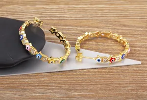 18K gold plated evil eye pentagram hoop earrings detailed view, minimalist chic jewelry style.