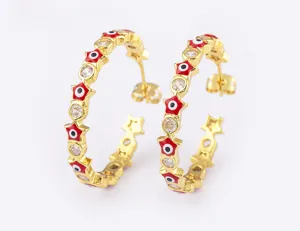 Gold plated evil eye star hoop earrings with sparkling cubic zirconia, stylish jewelry.