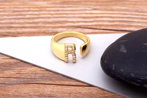 Gold plated copper open letter R ring with sparkling zircon stones, stylish personality ring.