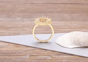 Detail view of the 18K gold plated copper ring featuring dazzling zircon stones and a chic design.
