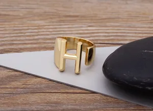 Gold plated letter H open ring, stylish minimalist alphabet ring for men and women daily wear.