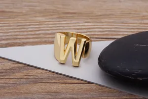 Gold plated letter W open ring, classic 18k fashion jewelry detail view for women and men.