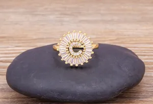 Gold Plated Letter C Zirconia Ring Elegant Sunburst Design Shining Zircon Finger Jewelry
