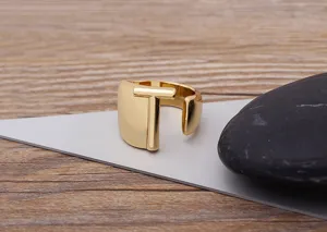 Gold plated letter T open ring for men and women minimalist chunky fashion jewelry accessory