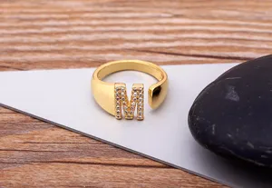 18k gold plated copper initial m ring open adjustable pave cubic zirconia letter ring jewelry