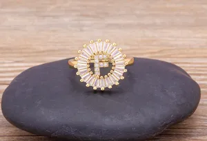 Gold plated initial letter F zircon ring simple circular design fashion jewelry detail view