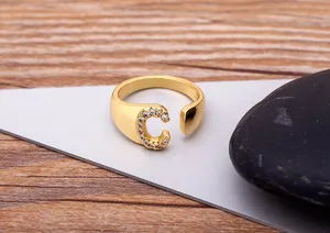 Gold plated open initial letter C ring sparkling cubic zirconia adjustable finger ring for women