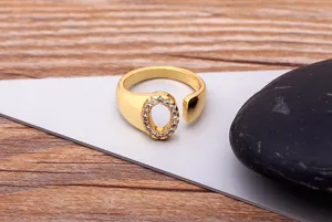 18k gold plated brass letter O ring with sparkling cubic zirconia open design fashion