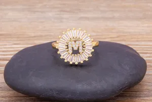 Gold plated 18K initial M letter ring with baguette zircon sunburst halo design for daily wear