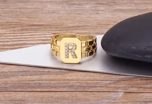 Επιχρυσωμένο δαχτυλίδι 18K χαλκός hip hop γράμμα R λουράκι ρολογιού ζιργκόν κοσμήματα.