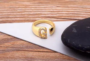 Gold plated letter G open ring with sparkling cubic zirconia, stylish finger jewelry.