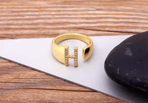 Elegant gold-plated brass 18k open initial letter H ring with glowing cubic zirconia daily