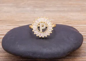 Exquisite 18K Gold Plated Letter P Zircon Ring Minimalist Round Alphabet Jewelry for Women
