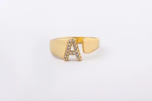 Detail shot of 18k gold plated letter A ring with paved cubic zirconia stones