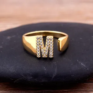 Copper 18K Gold Plated Zirconia Initial Letter Ring Adjustable Open Finger Jewelry For Women Personality Alphabet Ring