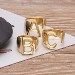 18K Gold Plated Copper A-Z Initial Letter Open Ring Western Style Large Adjustable Initial Ring Jewelry For Men Women Couples
