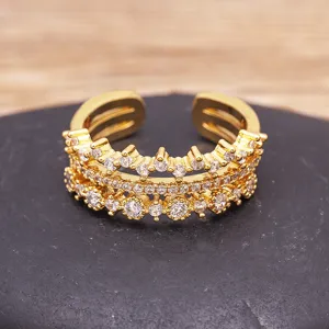 Vergoldeter mehrschichtiger Zirkonia Offener Ring Glänzender Geometrischer Verstellbarer Ring