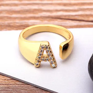 Gold plated initial letter A open ring paved with sparkling cubic zirconia for women chic jewelry