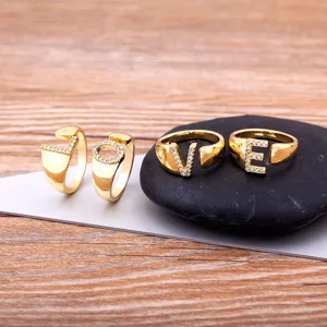 Copper 18K gold-plated letter rings, sparkling zircon paved open index finger fashion rings.