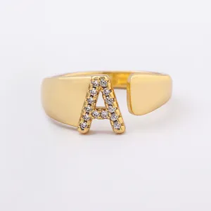 Gold Plated Initial Letter A Open Ring Sparkling Zirconia Adjustable Finger Ring For Women