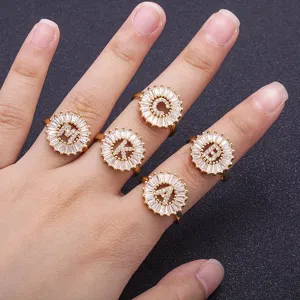 Gold plated zircon letter ring, stylish circular initial ring for women daily fashion wear.