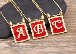 Gold-plated red enamel square letter A B C pendant necklace fashion vintage clavicle chain