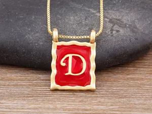 Gold plated brass square letter D pendant necklace detail, elegant retro design clavicle chain.