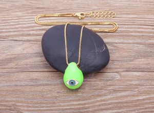 18K gold plated evil eye pendant necklace with green enamel drop design for daily fashion styles.