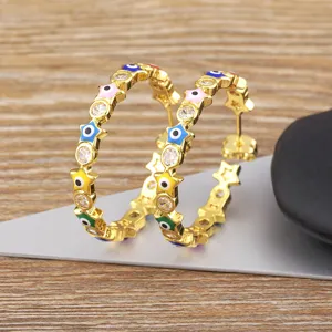 Gold Plated Evil Eye Star Hoop Earrings Minimalist Style Trendy Jewelry Main View Display