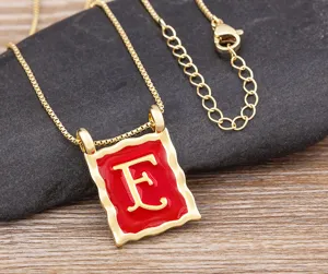 18K Gold Plated Square Letter E Necklace Red Enamel Vintage Clavicle Chain Jewelry