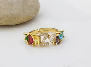 Anello aperto lettera Z in rame placcato oro 18K zircone multicolore stile europeo