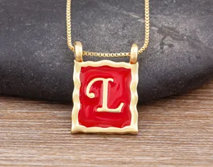 Gold Plated Square Letter L Necklace Red Enamel Pendant Vintage Choker Jewelry for Women