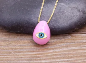Gold plated pink evil eye teardrop pendant necklace, stylish jewelry for women daily wear.