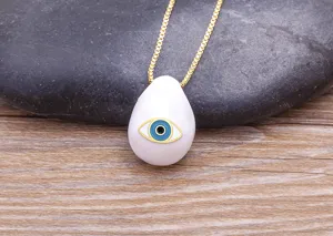 Gold plated evil eye pendant necklace with white teardrop enamel design for women fashion jewelry