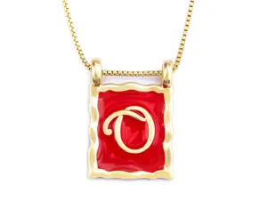 18K gold plated square letter O pendant necklace with red enamel and vintage design.