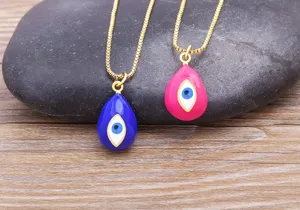 Exquisite 18k gold plated evil eye pendant necklace with colorful teardrop enamel design.