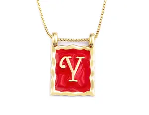 Gold-plated red enamel square letter Y pendant necklace elegant clavicle chain jewelry.